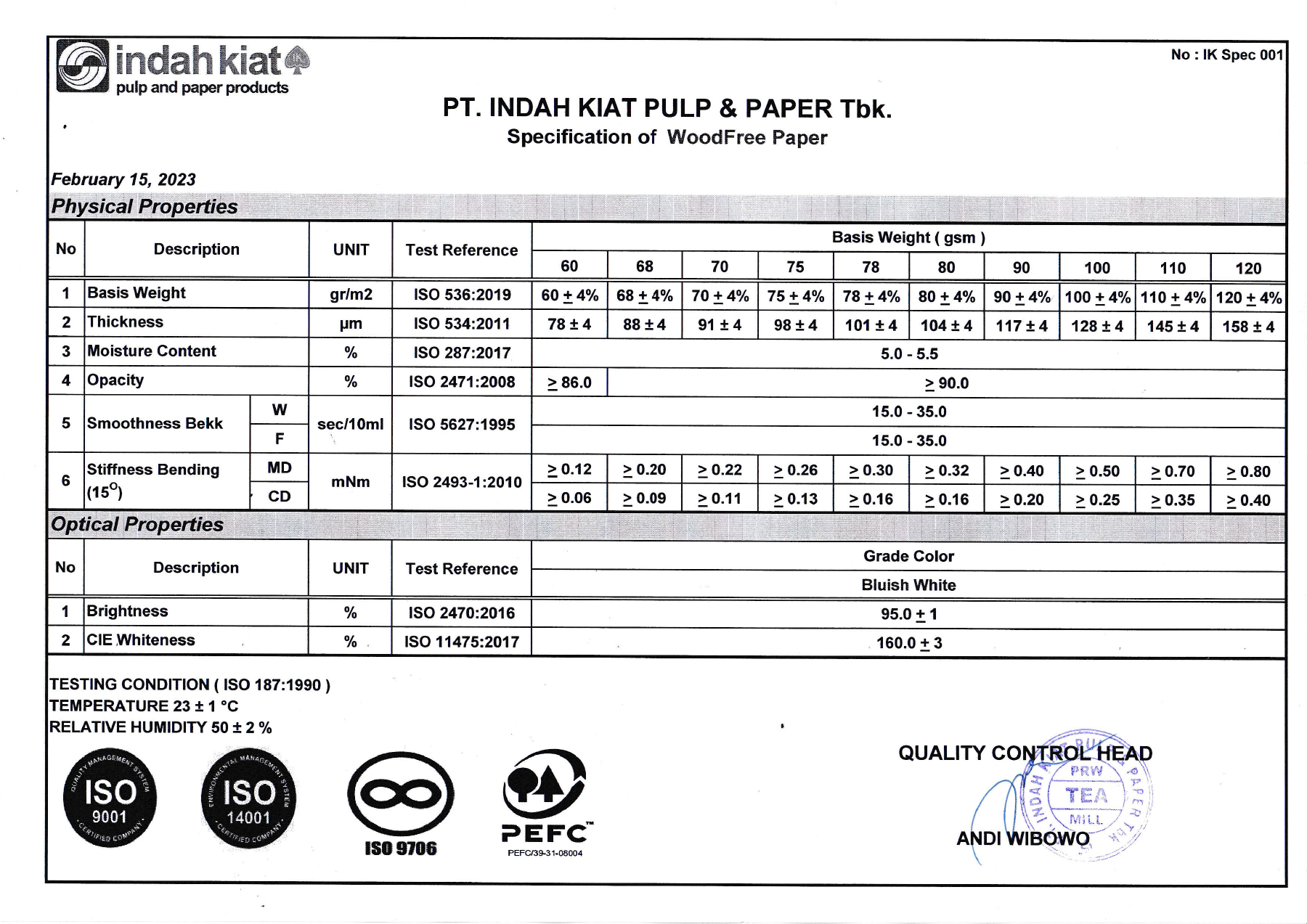 Indah Kiat · Woodfree · IK Spec 001